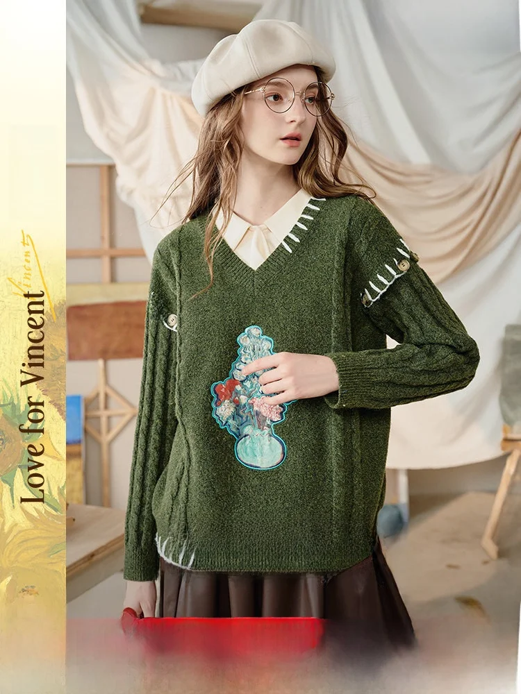 

VAN Gogh Artistic Autumn Winter Women's Knitted Sweater with Detachable Sves Embroidered Patchwork Line Stitching