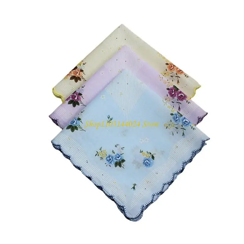 N5KE 3 PCS Vintage Cotton Pocket Square Hankies Floral Print Cotton Handkerchiefs Hanky for Women Club Meeting