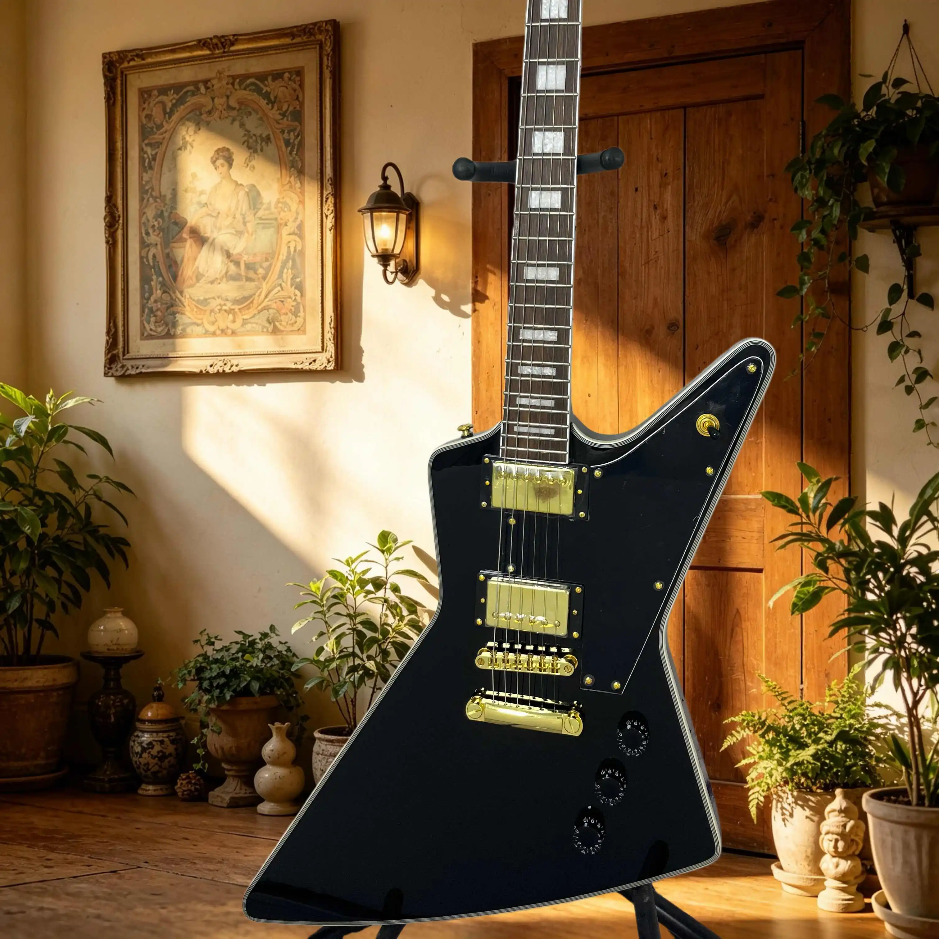 Electric Guitar Pure Black Pointed Square Shaped Solid Wood Piano Body Rose Wood Fingerboard Hard Rock Retro Heavy Metal