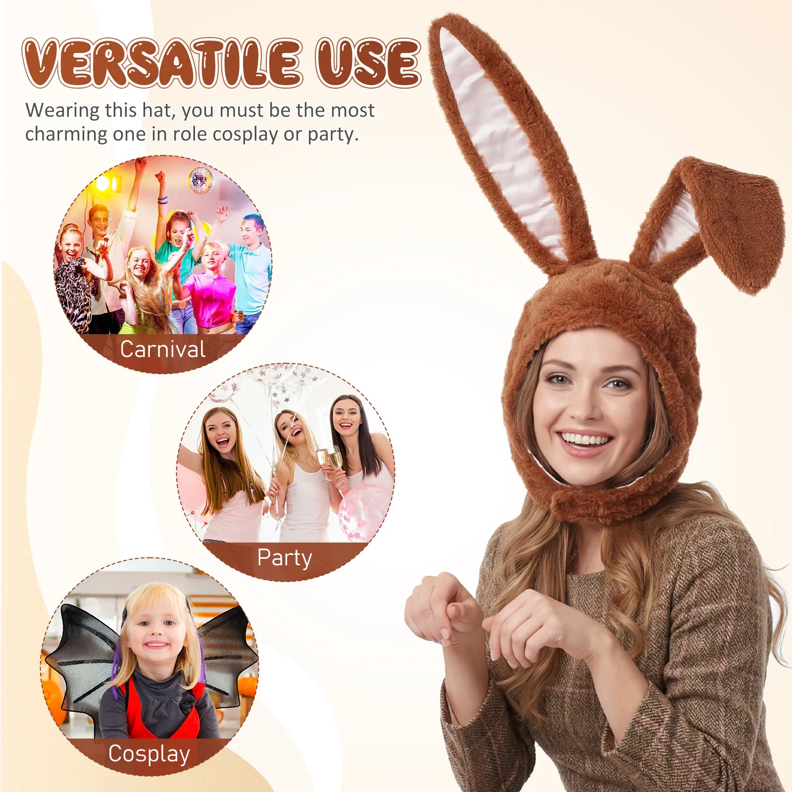 Gorro de conejo con orejas de conejo para mujeres y niñas, accesorio para fotos de fiesta, sombrero de dibujos animados resistente al desgaste, color marrón