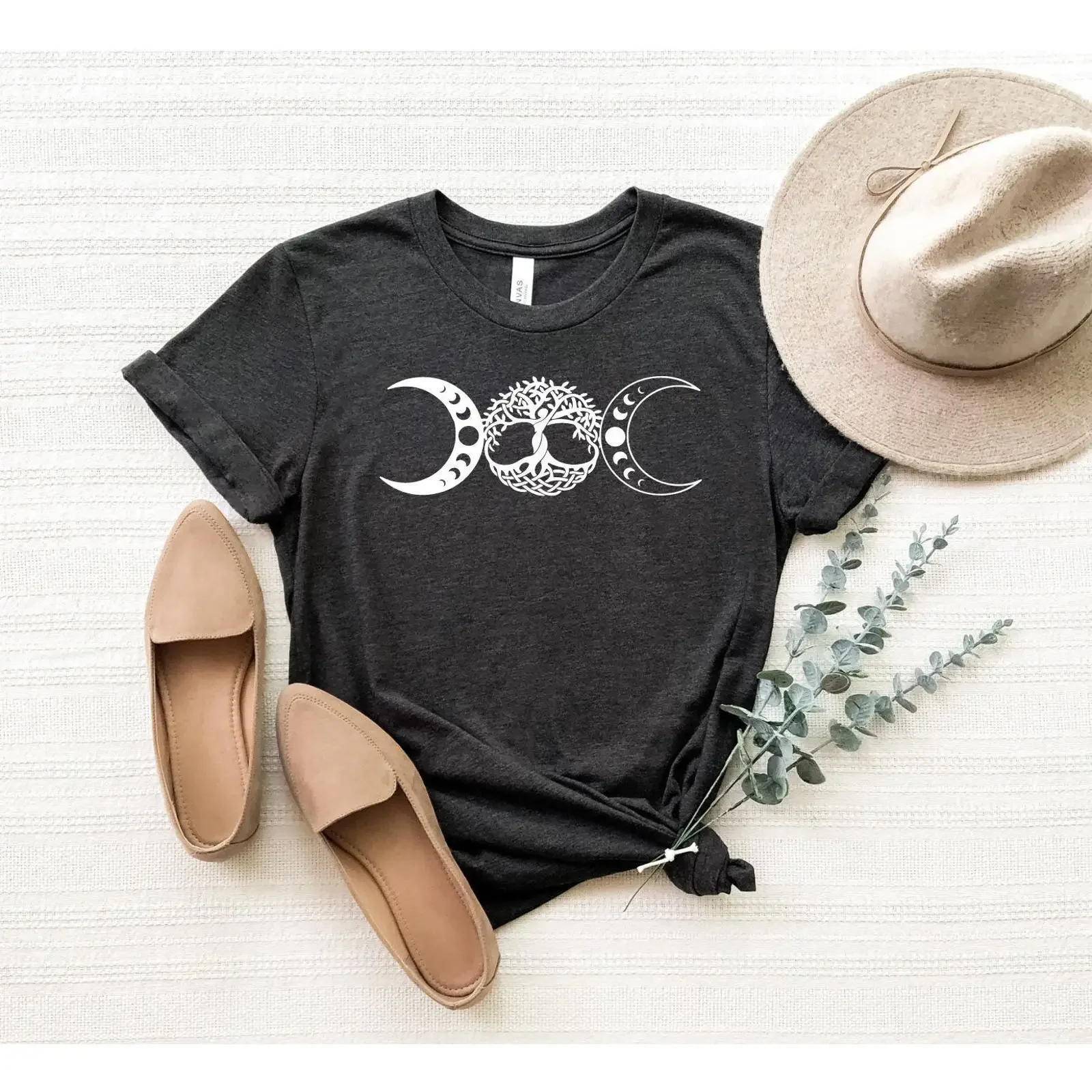 Triple Moon Phases Tree of Life T Shirt Mystical Yoga Namaste Boho Spiritual Casual  vintage Washed homme fashion Breathable