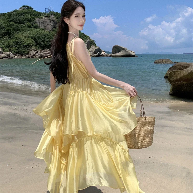 2024 New Long Elegant Lolita Holiday Dresses O-Neck Ladies Strappy Vacation Dress Summer Slim Graceful Women Yellow Sundress