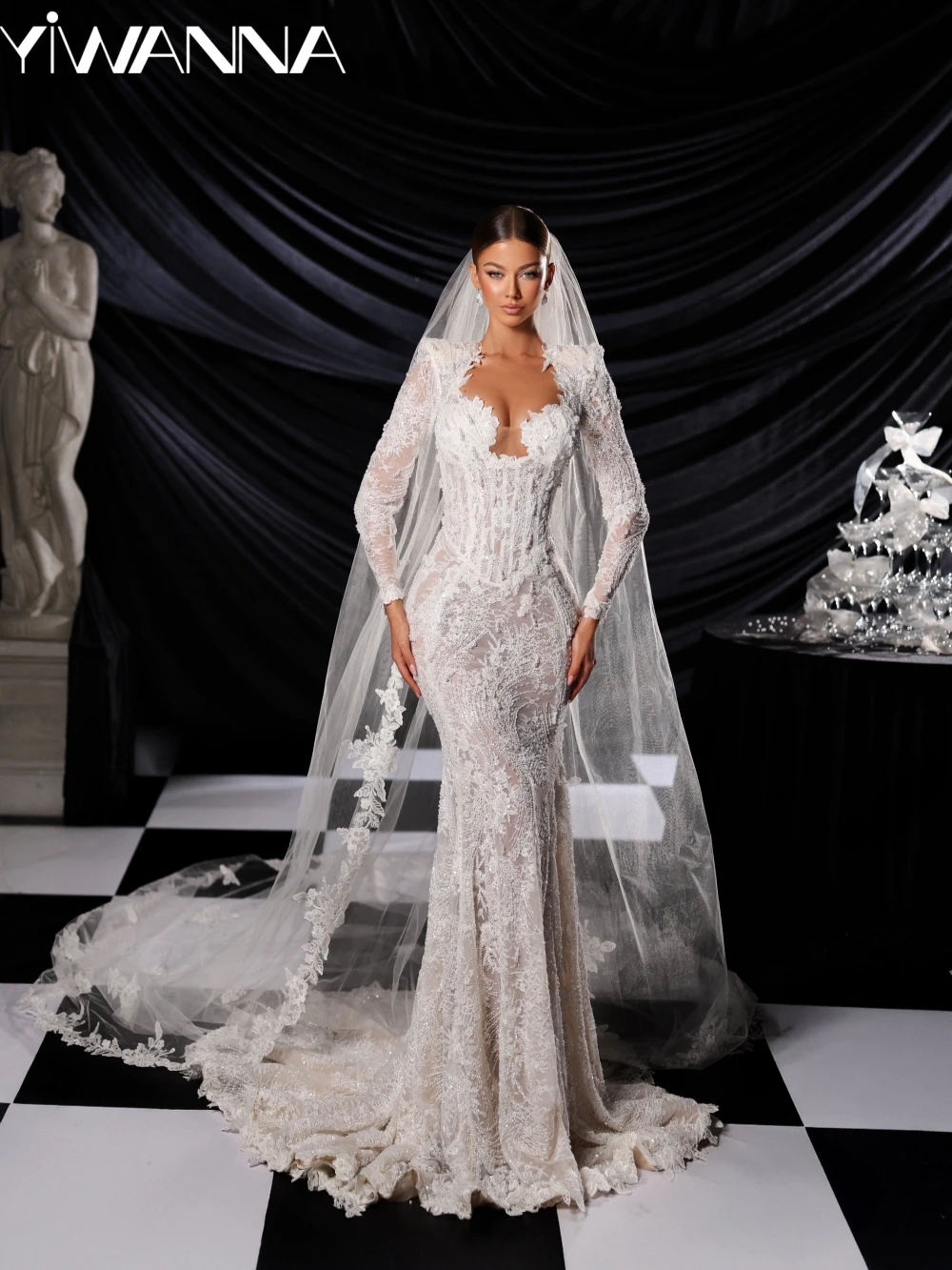 

Attractive Sparkly Beaded Pearls Wedding Dress Elegant Lace Mermaid Long Bridal Gown Customized Sexy Illusion Dresses For Bride