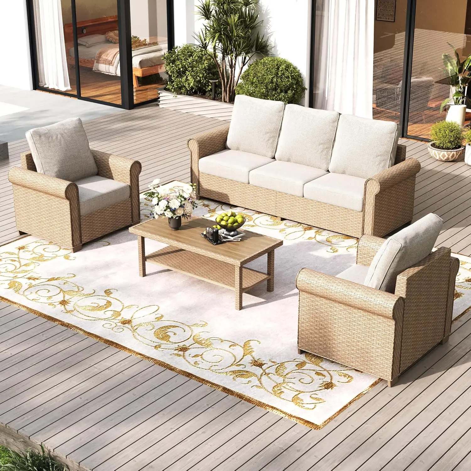 

Patio Furniture Set 4 Pcs, Wicker Rattan Sofa With 5.5” Thick Waterproof Cushions, 2 Chairs And Coffee Table, All, Customized