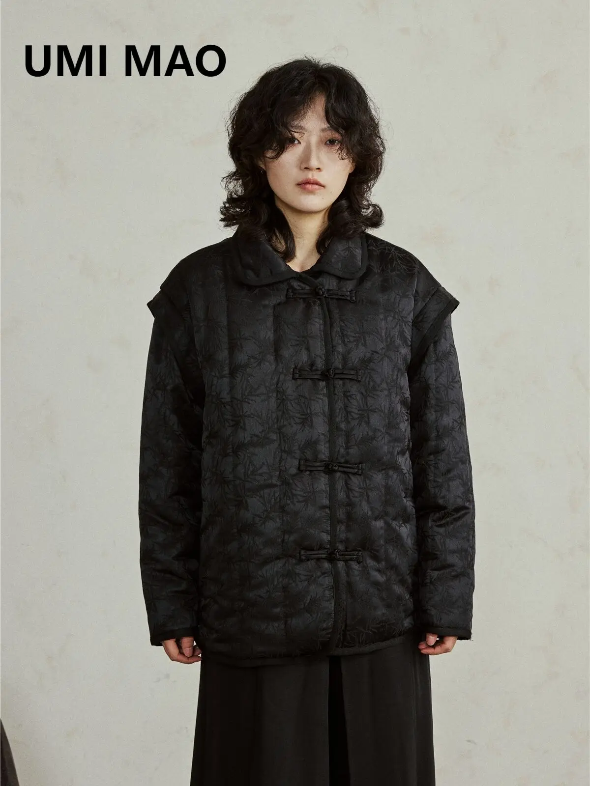 UMI MAO Winter Jacket Sense New Chinese Bamboo Leaf Dark Pattern Oblique Front Satin Jacquard Two Wear Vest Coat Cotton Coat