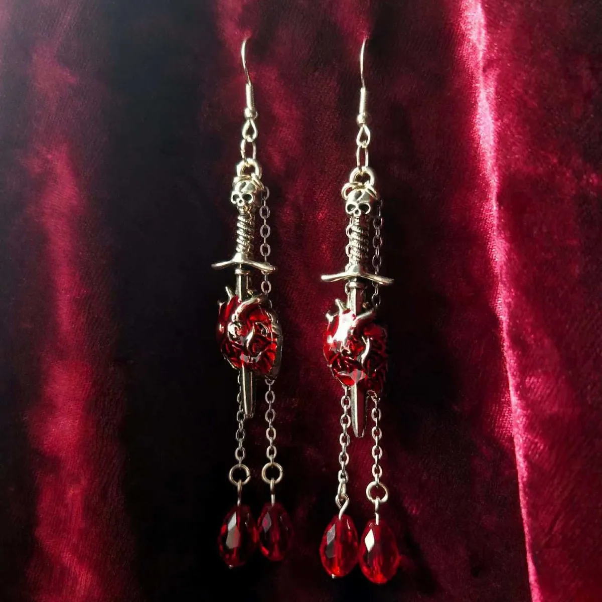 Vampire earrings,Skull dagger,Blood Heart,tear drop,Heart,Gothic jewelry,witch accessory,Alternative,handmade,ear hook For Women