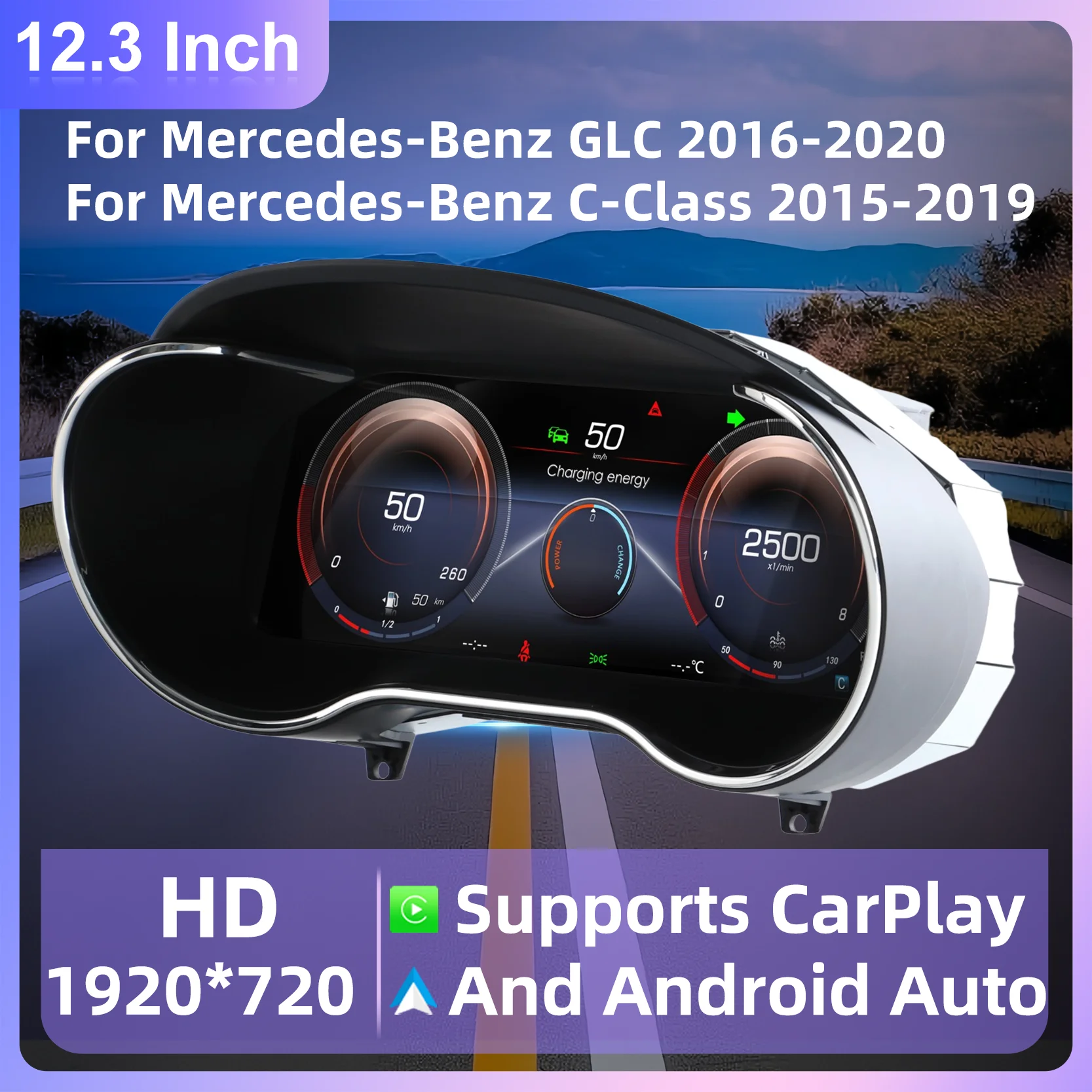 12.3 Inch Virtual Cockpit Digital Instrument Cluster For Mercedes-Benz C-Class 2015-2019/GLC 2016-2020 LCD Dashboard Speedometer Support CarPlay Android Auto