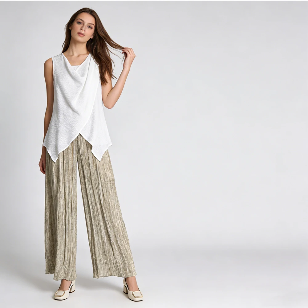 2026 Women's Casual Summer New Swing Neck 100% Natural Mulberry Silk GuanLe Crepe Overlapping Design Solid Color Vest