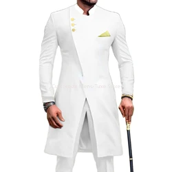 African White Long Suit for Men Jackets Pants 2 Piece Slim Fit Formal Outfits Wedding Costume Homme Classic Blazer Set