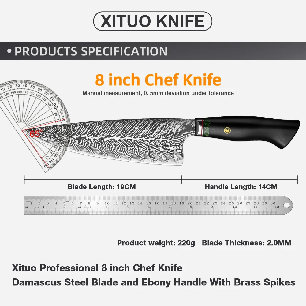 XITUO Damascus Steel 8 Inch Butcher Knife Sharp High Hardness Household Kitchen Knives Utility Cooking Tools Black Ebony Handle