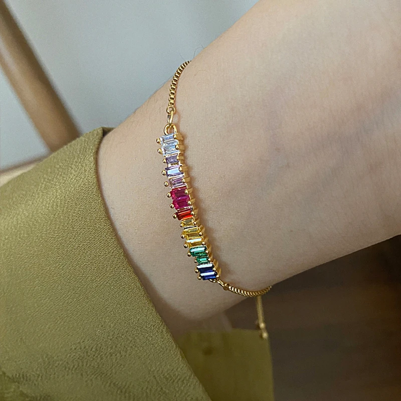 Unique Design Rainbow Bar Bracelet for Women Adjust Size Colorful CZ Charm Bracelets Chain Link Fashion Jewelry