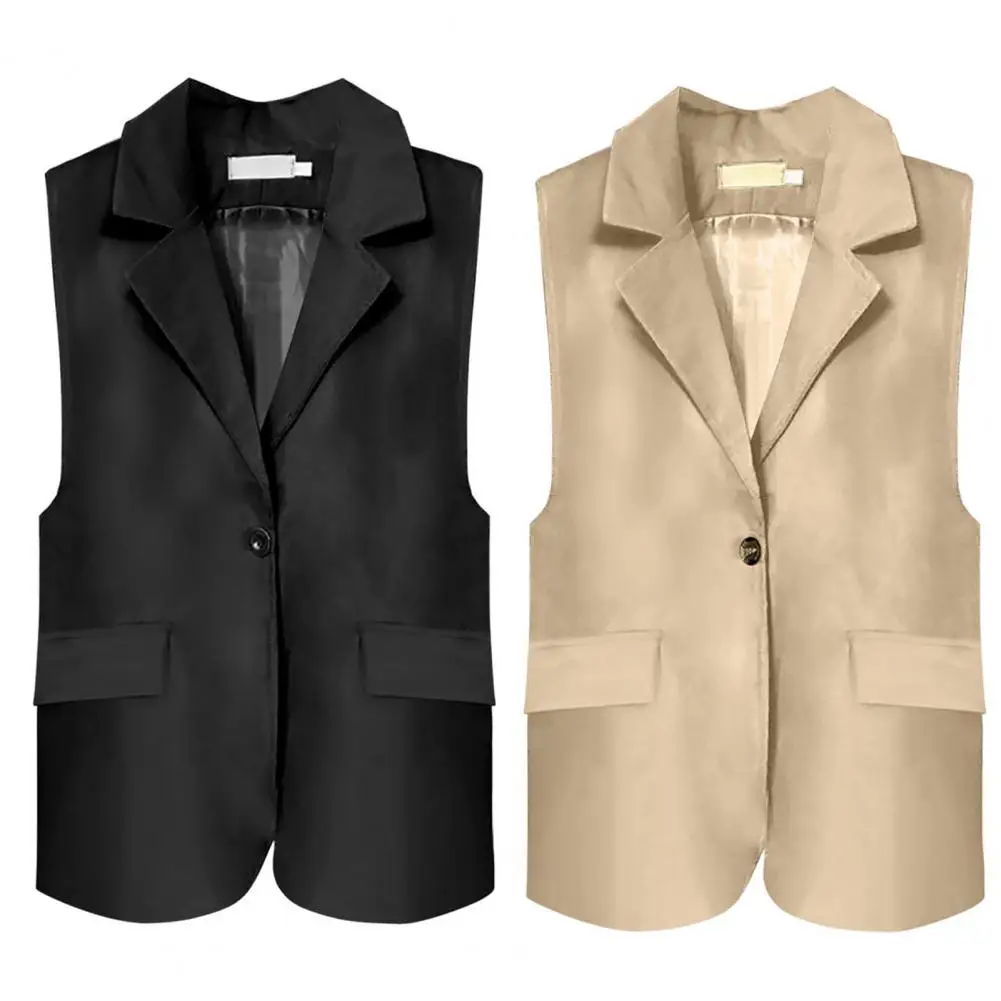 Women Summer Waistcoat Sleeveless Business Vest Coat Solid Color Pockets Single Button Straight Formal OL Style Commute Coat