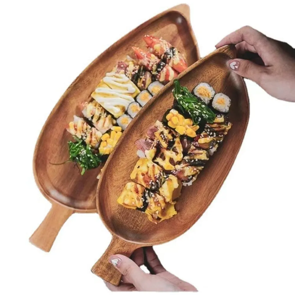 Wooden Leaf Shaped Waterproof Serving Plate Tray for Steak Sushi Grilled Meat Pizza Afternoon Tea Commercial Use As Tableware