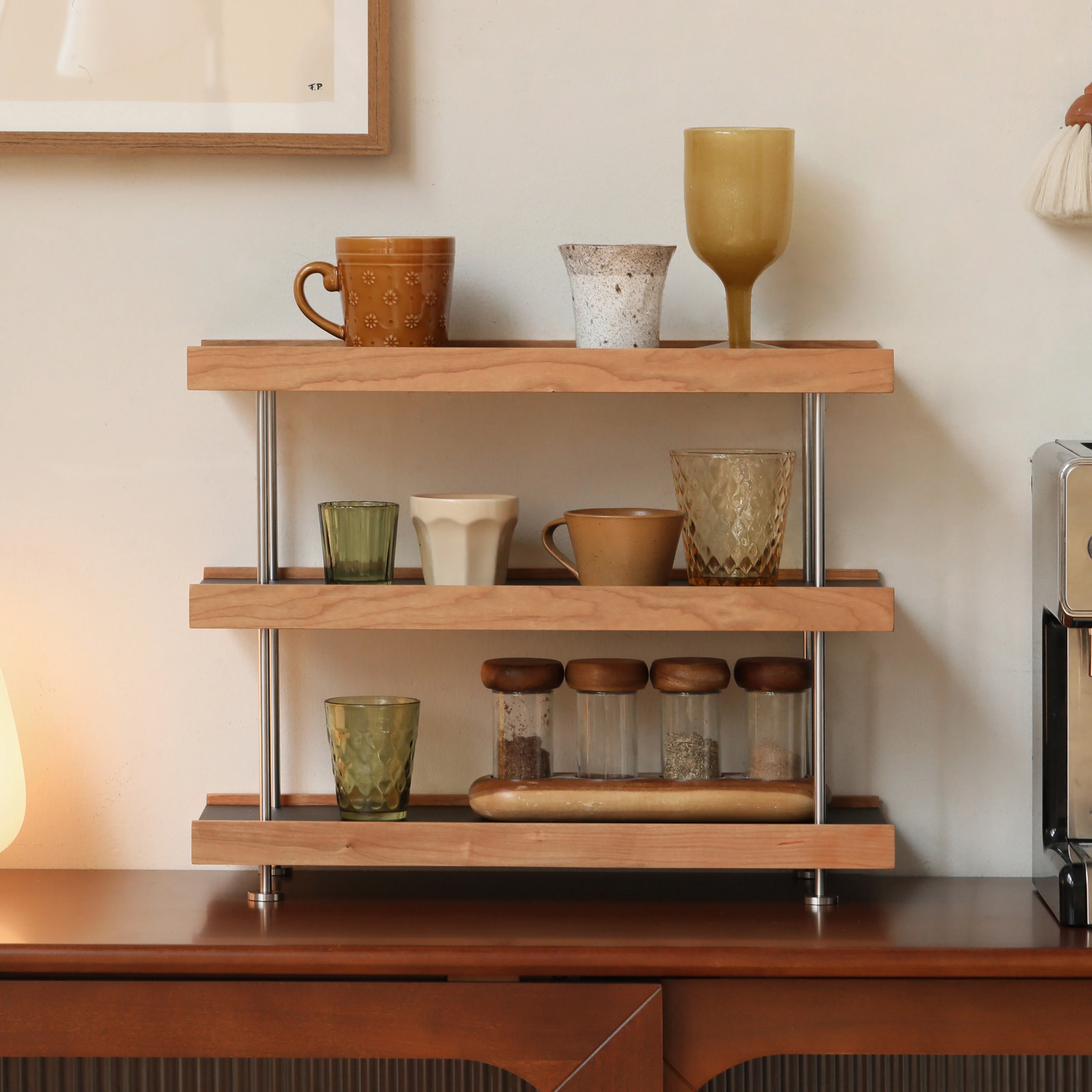 Kirschholz-Kosmetik-Organizer aus der Mitte des Jahrhunderts, Make-up-Aufbewahrungsregal, Parfüm-Display-Tablett für den Einsatz auf dem Waschtisch