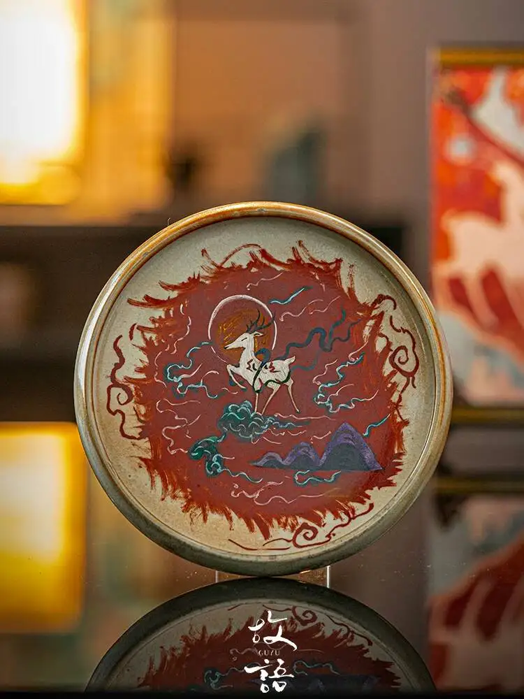 

Hometown Hand-Painted Dunhuan Nine-Color Deer Round Pot Fruit Plate Firewood-Fired Shino-Yaki Tea Tray Chinese Style Gift