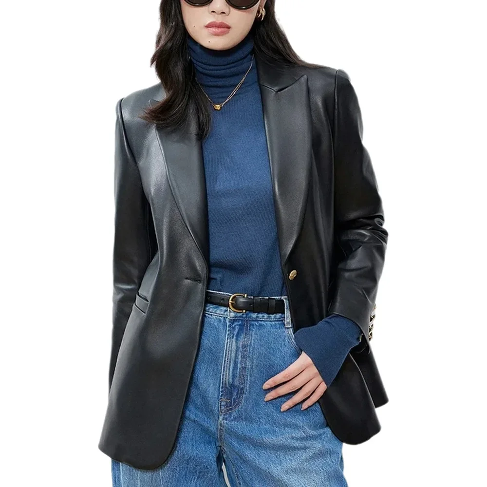 Schicke klassische Damen-Blazerjacken aus echtem Leder, 2026, neue Mode, Single-Button-Revers, Slim-Fit-Damen-Freizeitanzugjacken