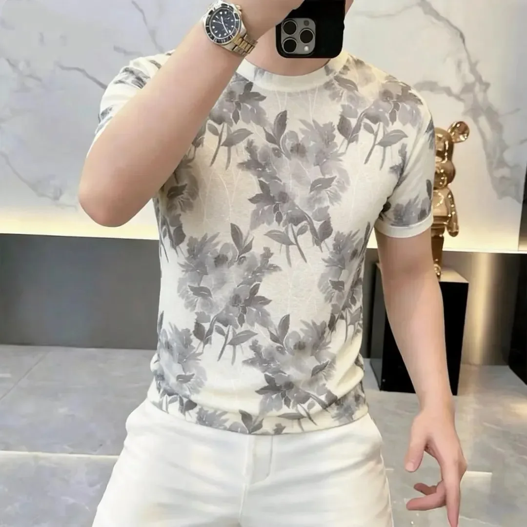 

Men's Floral Print Short Sleeve T-Shirt Round Neck Casual Cotton Blend Tee for Summer Daily Wear