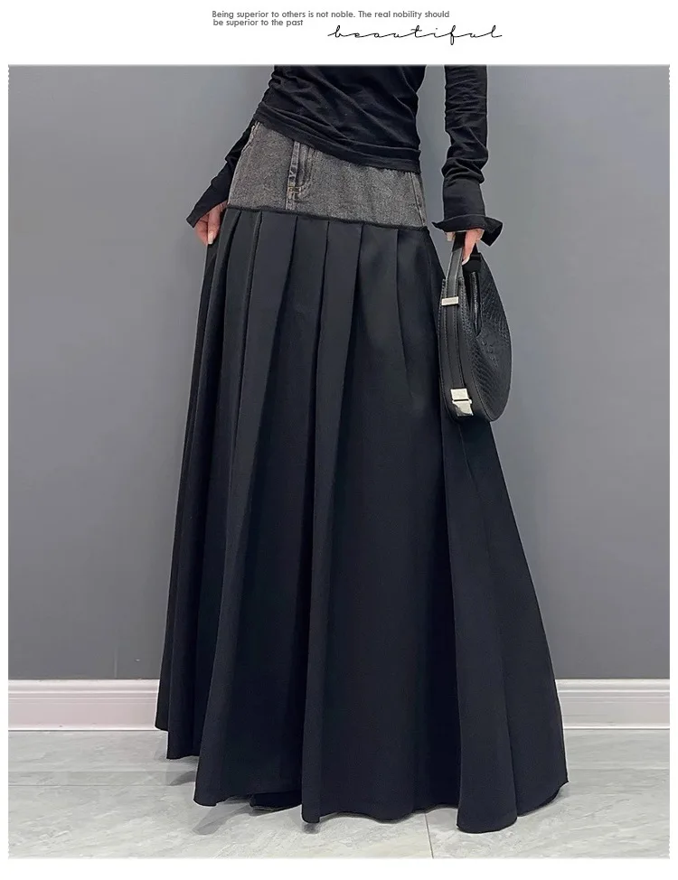 Y2k Pleated Skirt Women Long Skirts Denim Patchwork High Waist Washed Distressed Vintage Floor Length 2025 Streetwear A Line