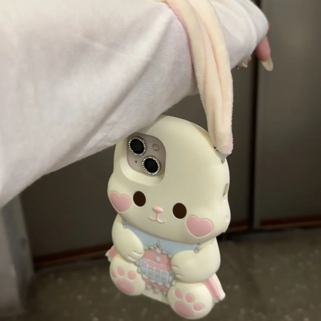 Plush-Eared Pink Rabbit Phone Case for iPhone 17 16 15 14 13 Sweet and Cute Design  Heart-Shaped Rabbit with Fluffy Ears Cover view 3