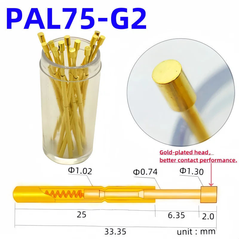 20/100PCS PAL75-G2 Spring Test Probe PAL75-G Test Pin Test Tool 33.35mm Dia1.02mm Gold Needle Tip 1.30mm Pogo Pin PL75-G PL75-G2