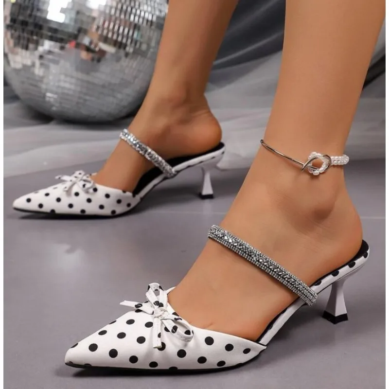 Vintage Polka Dot High Heel Mules Slippers Women Summer Rhinestore Strap Pointed Toe Sandal Woman's Bowknot Dress Stiletto Shoe