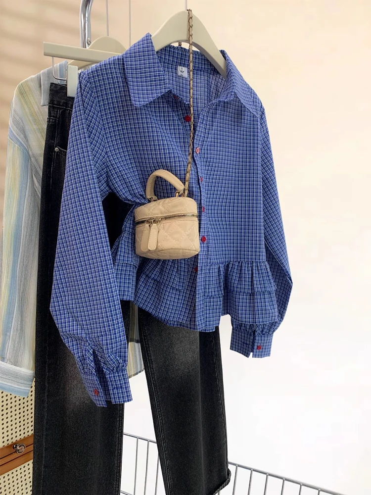 

Chic Retro Blue Plaid Shirt Women's Summer Miu Series Flounce Hem Short Top Trendy Korean Style Loose Fit Long Sleeve Shirt