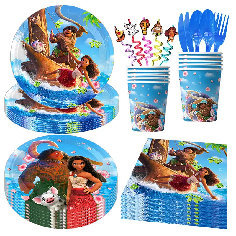 Moana 2 Birthday Decoration Vaiana Kids Birthday Party Supplies Tableware Plates Cups Tablecloth Balloons Banner Backdrop