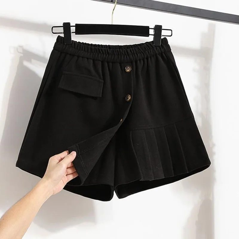 Autumn Female High Waist Pleated Boot Pantalons Women Wide Leg Pants Korean Ladies Large Size 4XL Fake Two Skirt Short Trousers