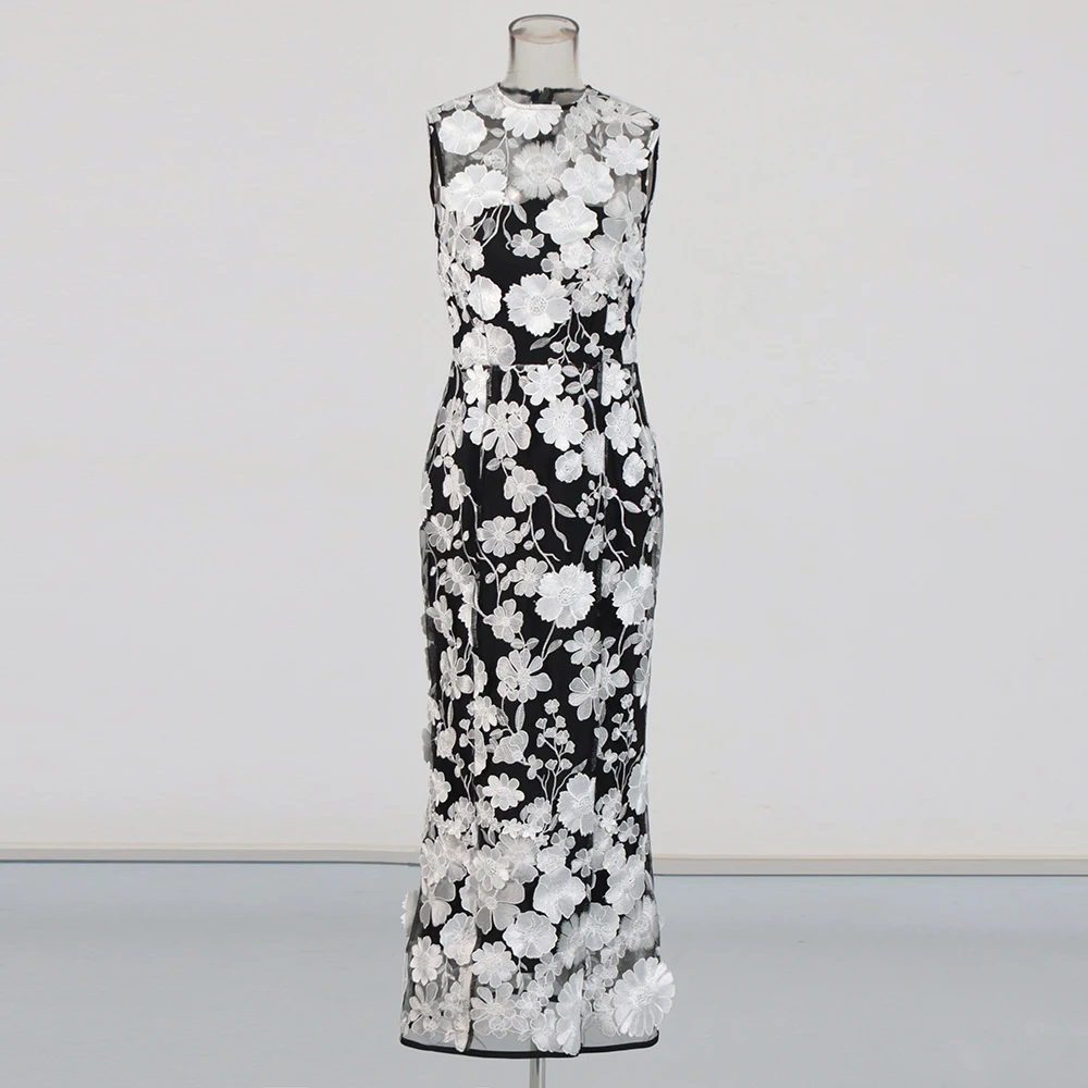 TWOTWINSTYLE Solide Abnehmen Verstärktes Applikationen Kleider für Frauen Rundhals Ärmellose Patchwork Sheer Temperament Kleid Weibliche Neue