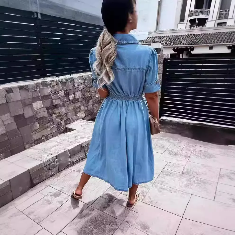 

Blue Slimming Mid-Length Denim Dress Women's Fashionable Turn-Down Collar Waist-Cinching Casual Knitted Cotton Gown