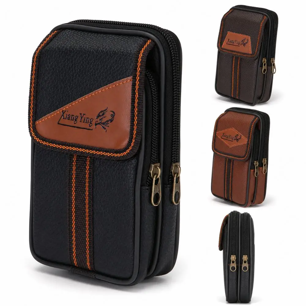 Durable PU Leather Man Belt Pouch Zipper Multiple Layers Phone Waist Bag 6.5inch Modern Phone Case Outdoor Camping