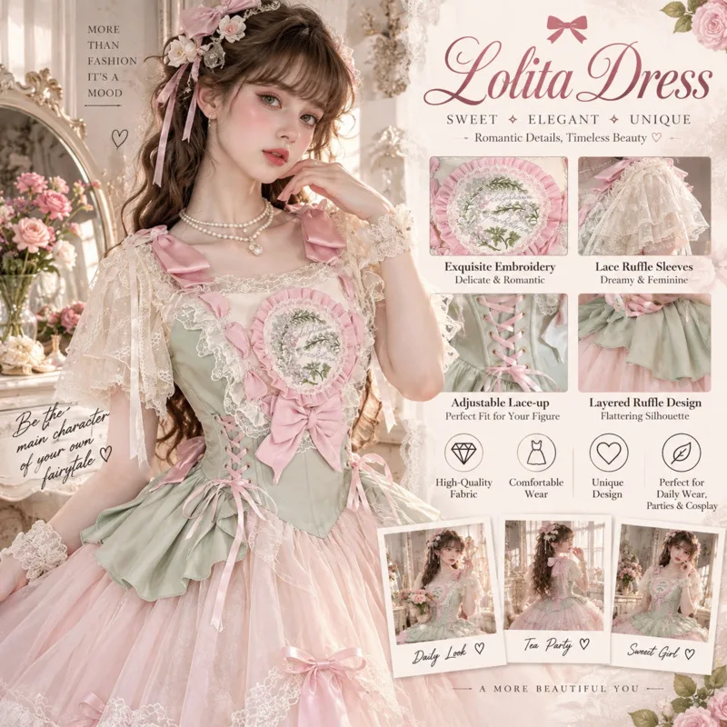 Bow Dress Sweet Lolita Short Sleeve Blouse, Pastel Green Pink Lace Ruffle Top Kawaii Shirt Tea Party Cosplay Daily Holiday Gift