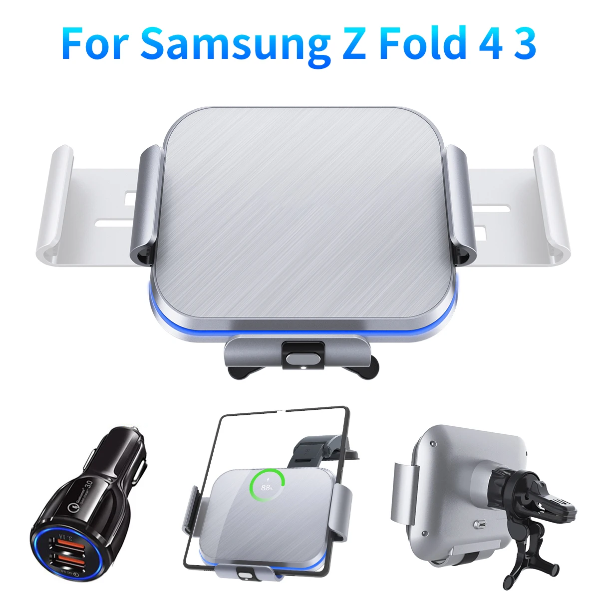 Wireless Car Charger for Galaxy Z Fold, Dual Coil Fast Charger, Landscape Mobile Phone Mount for Galaxy Z Fold5/4/3 Series