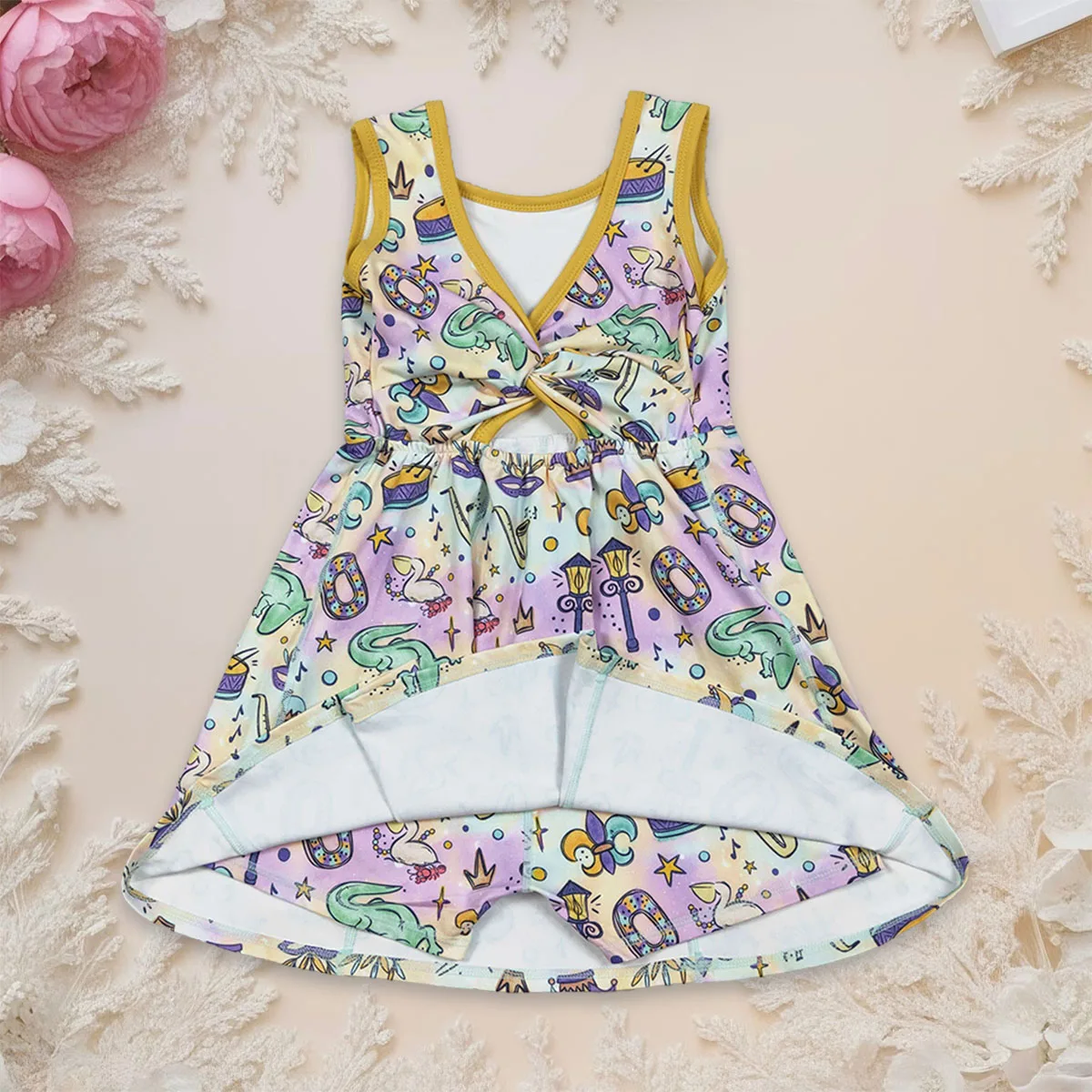 

Baby Girl Mardi Gras Crocodiles Donuts Yoga Active Knee Length Skort Kids Children Infant Toddler Sleeveless Dress Clothing