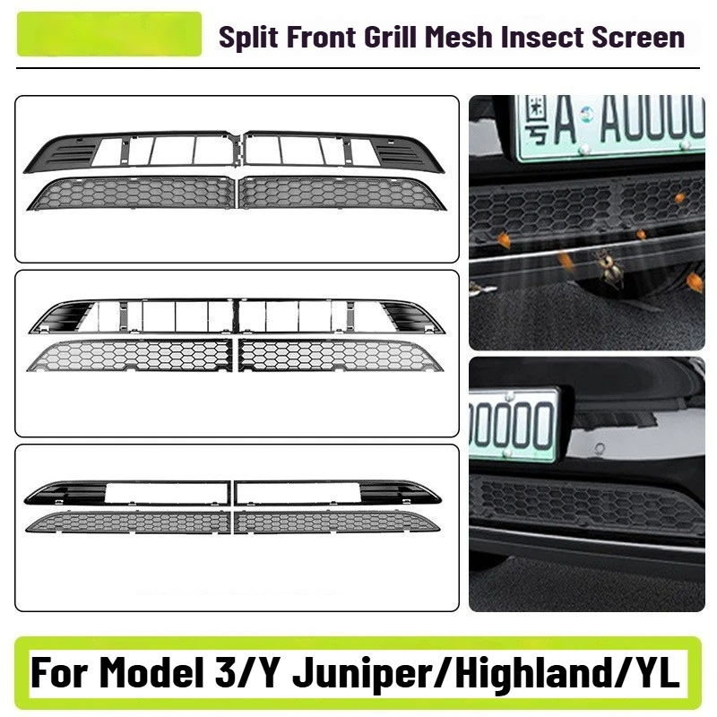 For Tesla Model Y Juniper Model 3 Highland YL Car Split Front Bumper Protective Mesh Grill Panel Clip On Removable