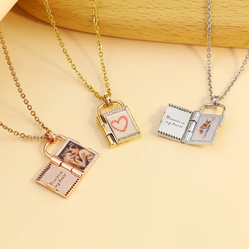 

New Diy Lettering Color Printing Photo Frame Padlock Necklace Pendants Copper Photo Box Jewelry Women