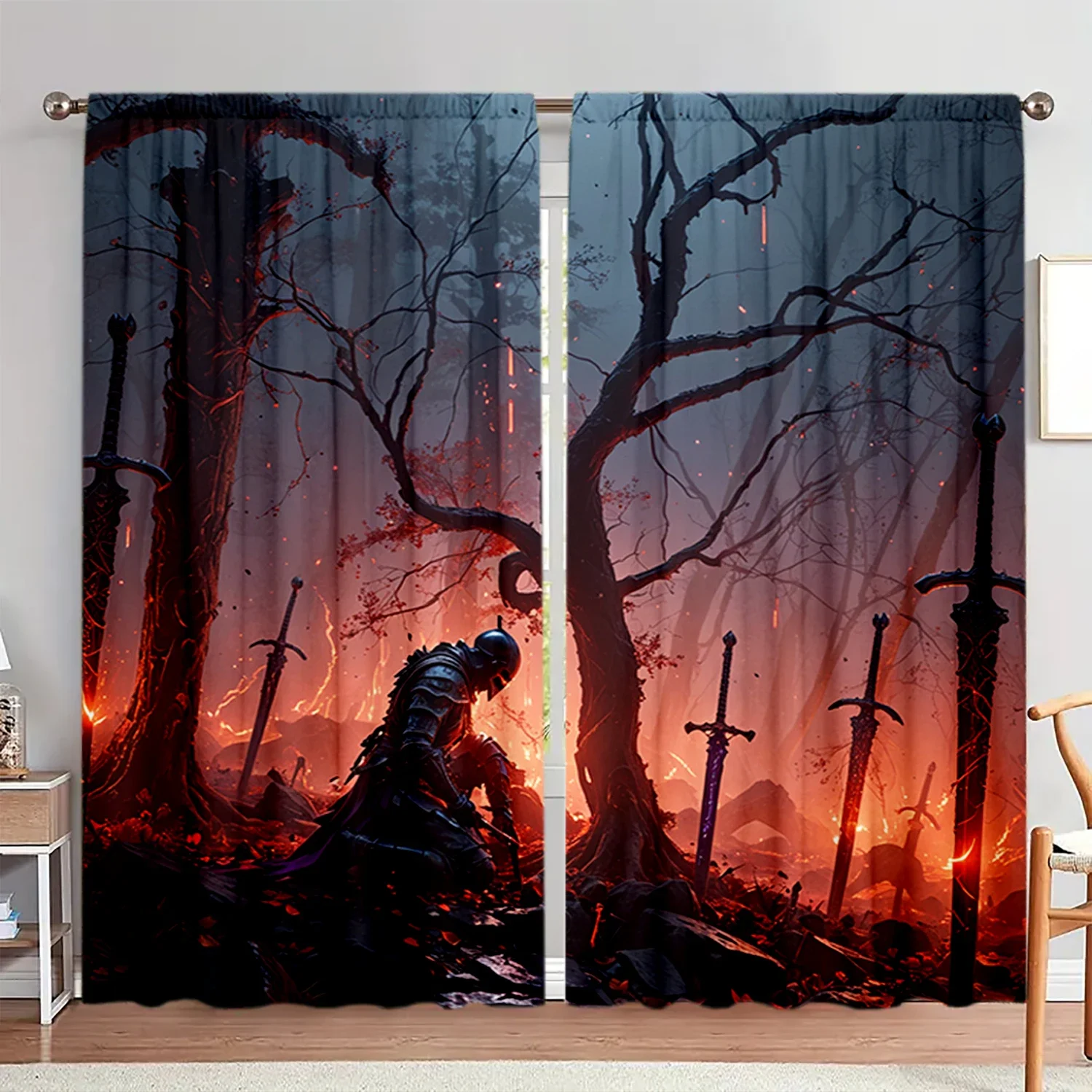 2pcs Knight Under the Tree Printed Curtain for Home Decor - Rod Pocket Window Treatment for Bedroom, Office, Kitchen