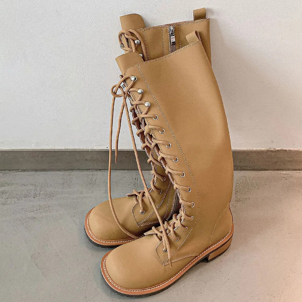 

Women's boots genuine leather lace-up side zip autumn knee high knight boots round toe punnk female motorcycle long boots shoes