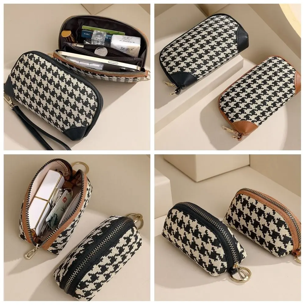 

Pu Leather Long Style Wallet Canvas Car Key Bag Houndstooth Zipper Purse Ultrathin Card Holder Square Change Purse Travel