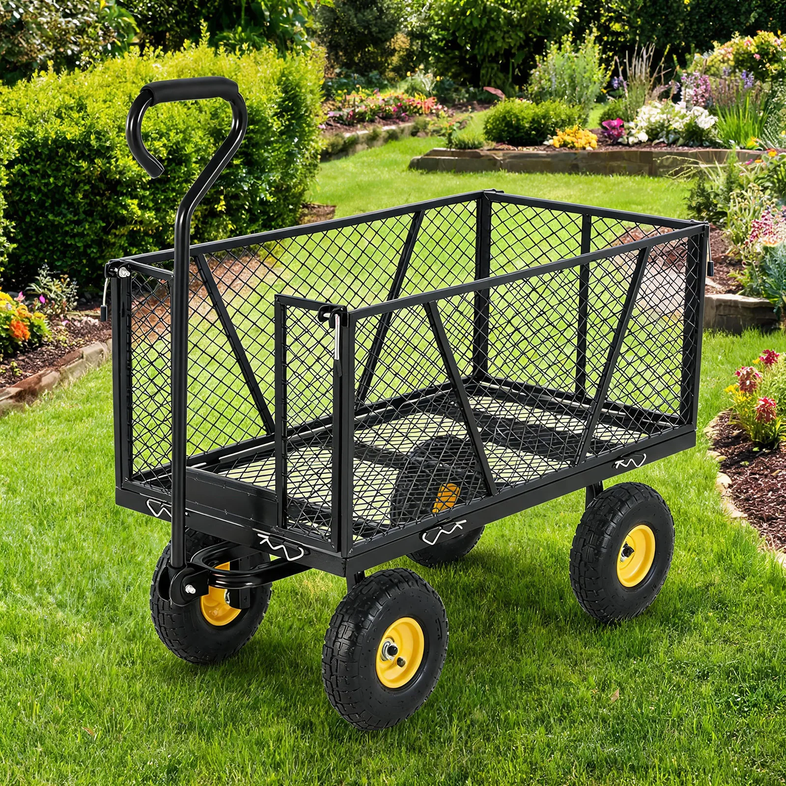 1100LB Steel Garden Cart With 10in Pneumatic Wheels, Removable Sides Flatbed Utility Wagon, 180° Swivel Handle For Yard Hauling