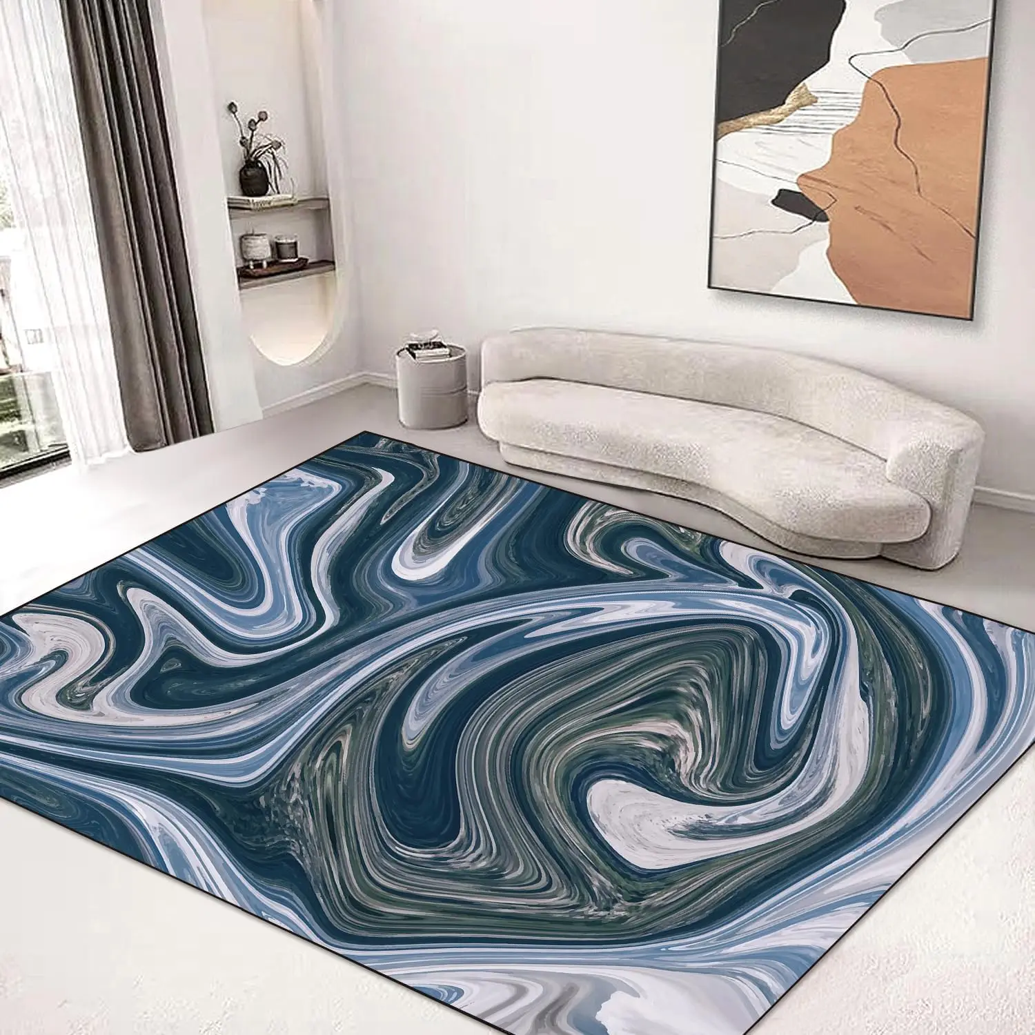 Blue Waves Abstract Area Rug, Non Slip Marble Oil Painted Carpet for Living Room Bedroom, Versatile Kids Home Decor