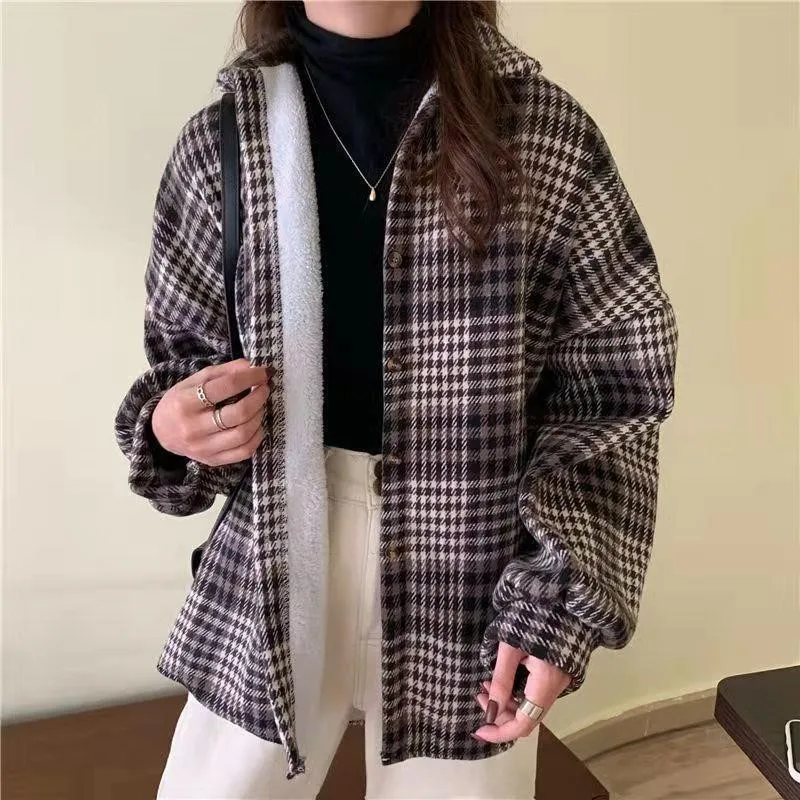 New Vintage Harajuku Thick Plush Warm Plaid Shirts Women Autumn Winter Loose Long Sleeve Casual Blouse Korean Y2k Tops NS5495