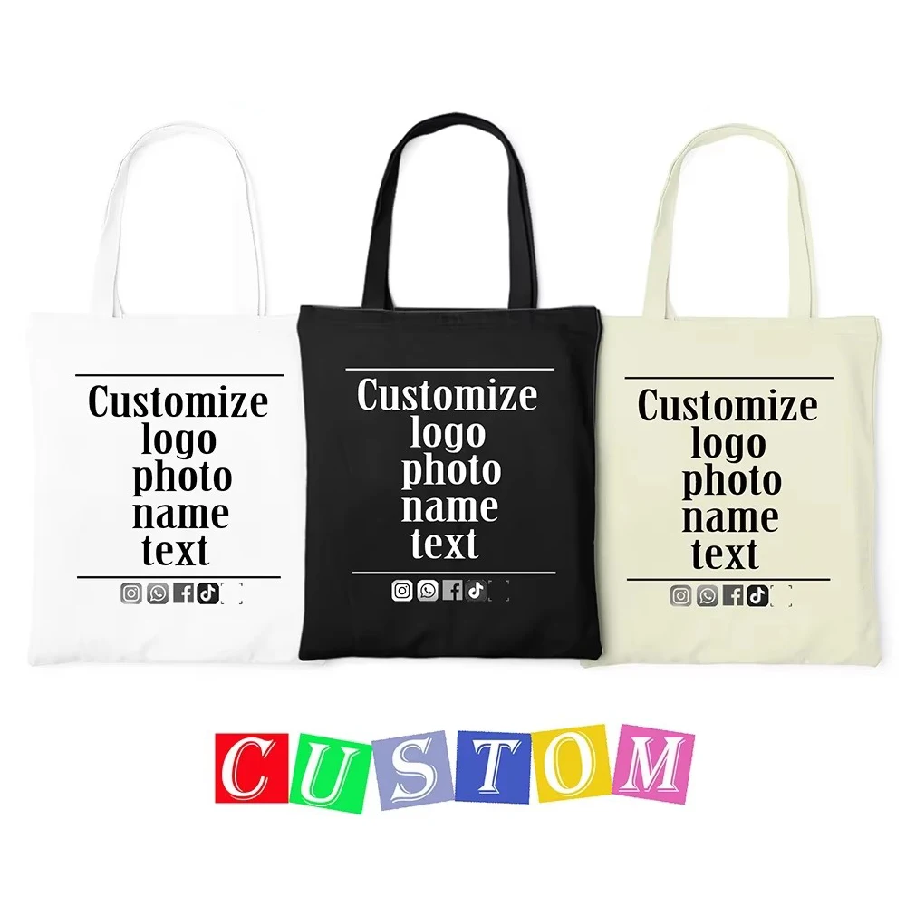 Personalization Customized Logo Pictures Name Tote Canvas Bag Big Print Shopping Shoulder Bags Beach Cloth Handbags for Woman