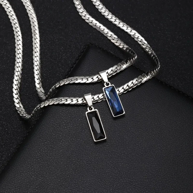 Stylish Stainless Steel Cuban Chain Necklace Men Geometric Stone Pendant Hop Jewelry Him Boys