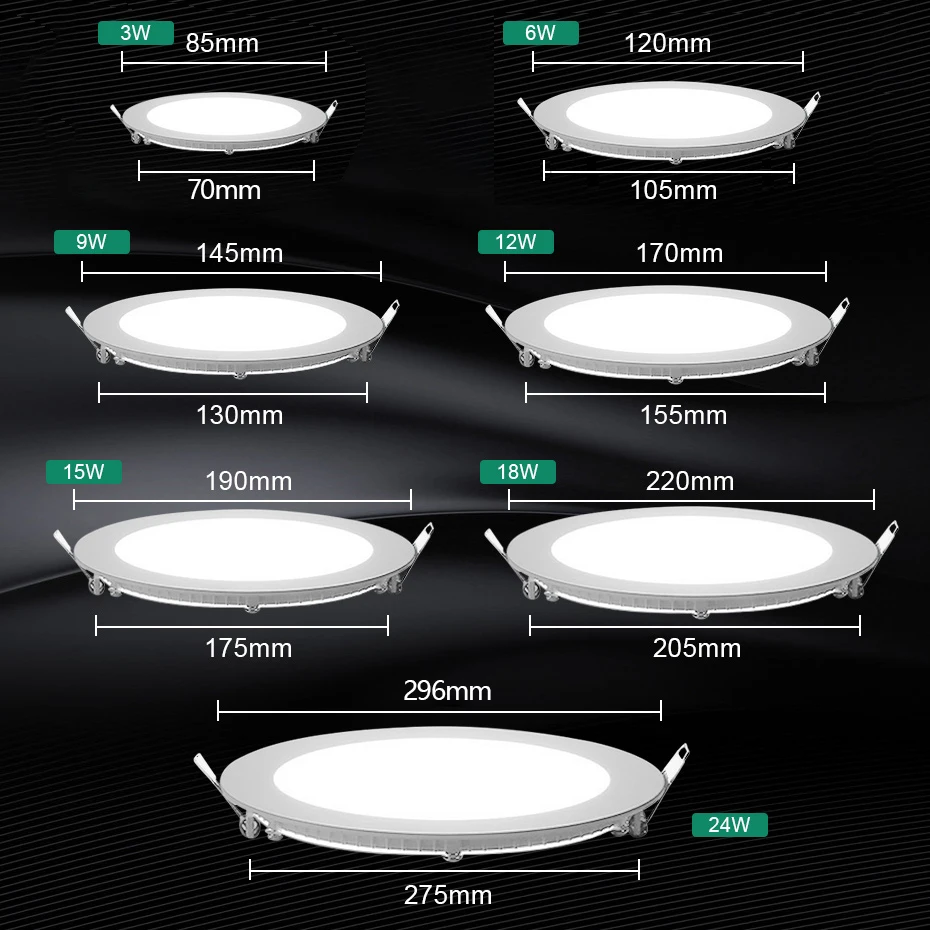 AC85-265V LED Panel Light Ultra Thin Ceiling Recessed Downlight 3w 6w 9w 12w 15w 18w 24w Round Square LED Spot Light Cold White