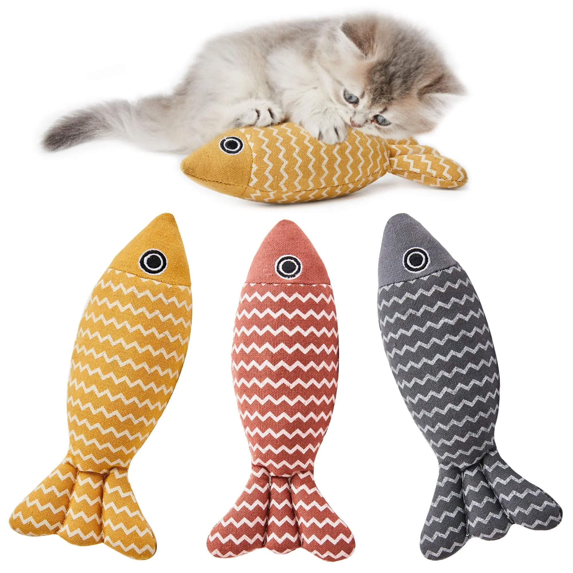 Cat Toys Fish, 3 Pcs Crinkle Sound Catnip Toys Soft Linen, Interactive Kitten Exercise Kicker Toys for Indoor Cats 7.8 Inches