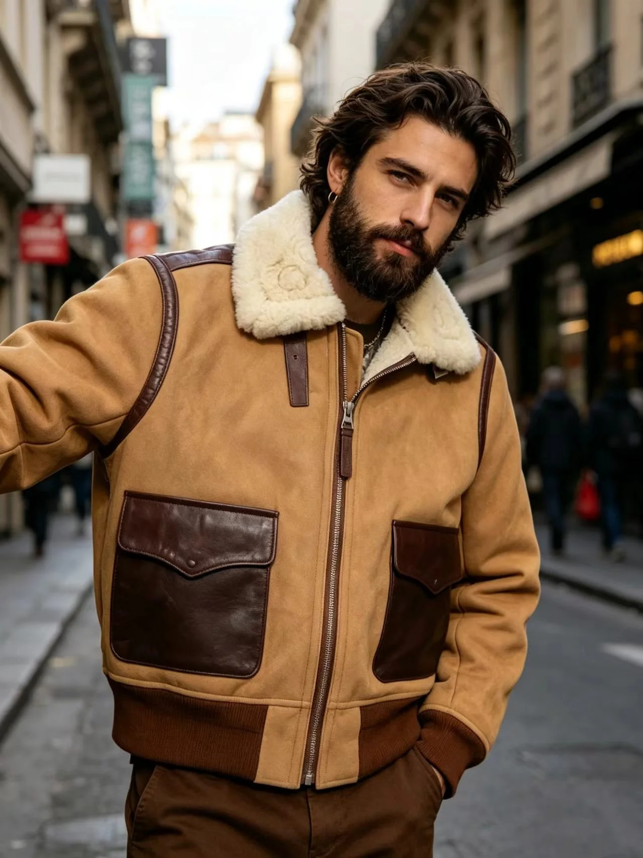 

Light Brown Winter Shearling Jacket Men Retro Style Plus Size 5XL Genuine Natural Thick Sheepskin Military A2 Flight Coat