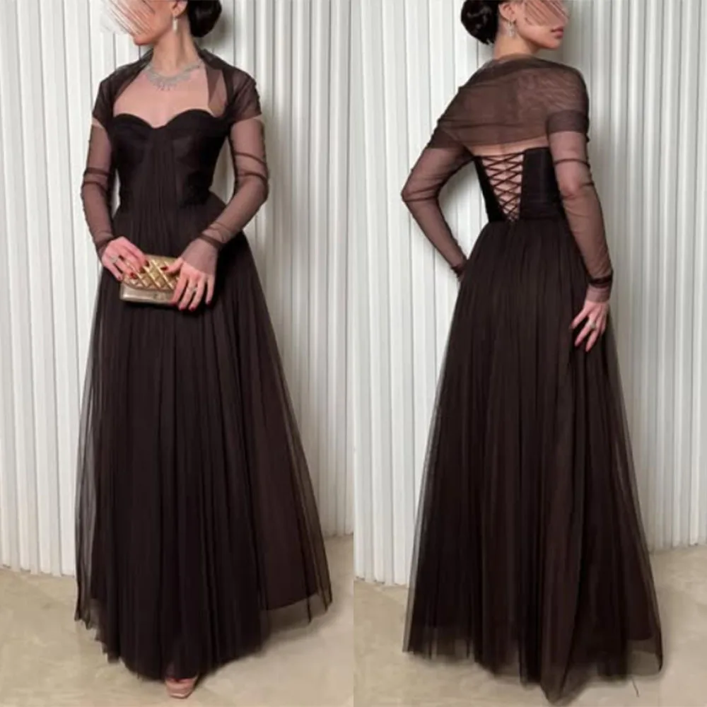 

High Quality Customized Sweetheart Full Sleeve A-line Black Tulle Back Strap Vestidos Elegantes Para Fiesta De Gala فساتين حفلات