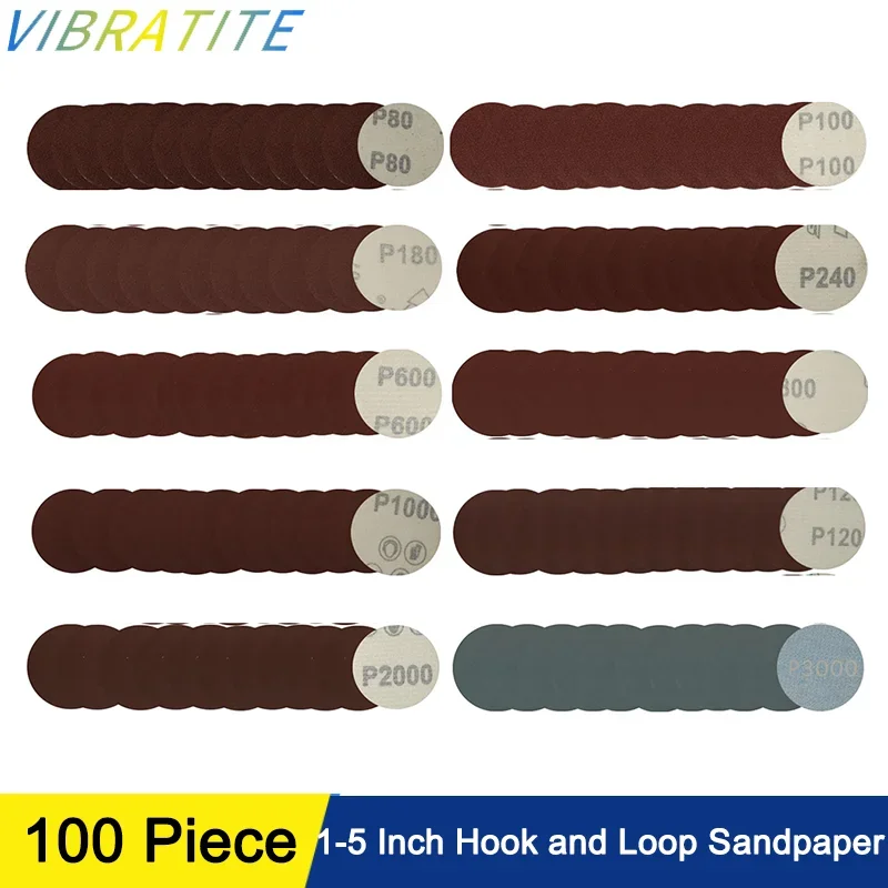 1/2/3/4/5 Inch Hook & Loop Sanding Discs 100 pcs Assorted 80-3000 Grits for Polishing and Sanding Wood Rubber Leather Plastic