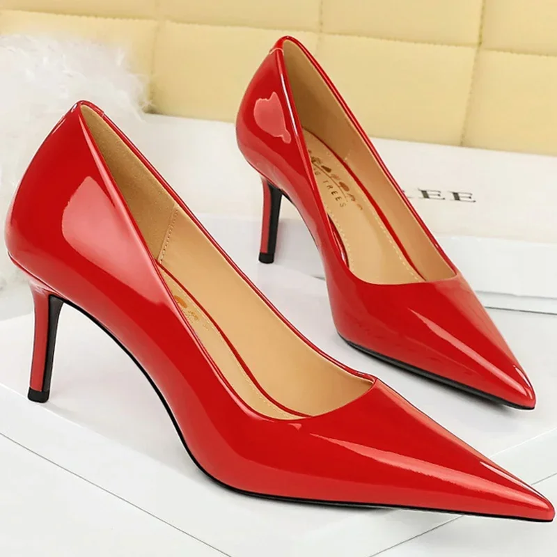 BIGTREE Fashion Women Simplicity Glossy Patent Leather 7cm Thin High Heels Pumps Shallow Pointed Toe Lady Shoes Red Nude Green